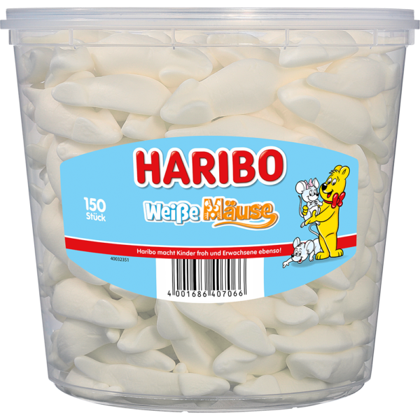 Haribo<br>  Weisse Mäuse<br>  150 Stück in der Dose<br>